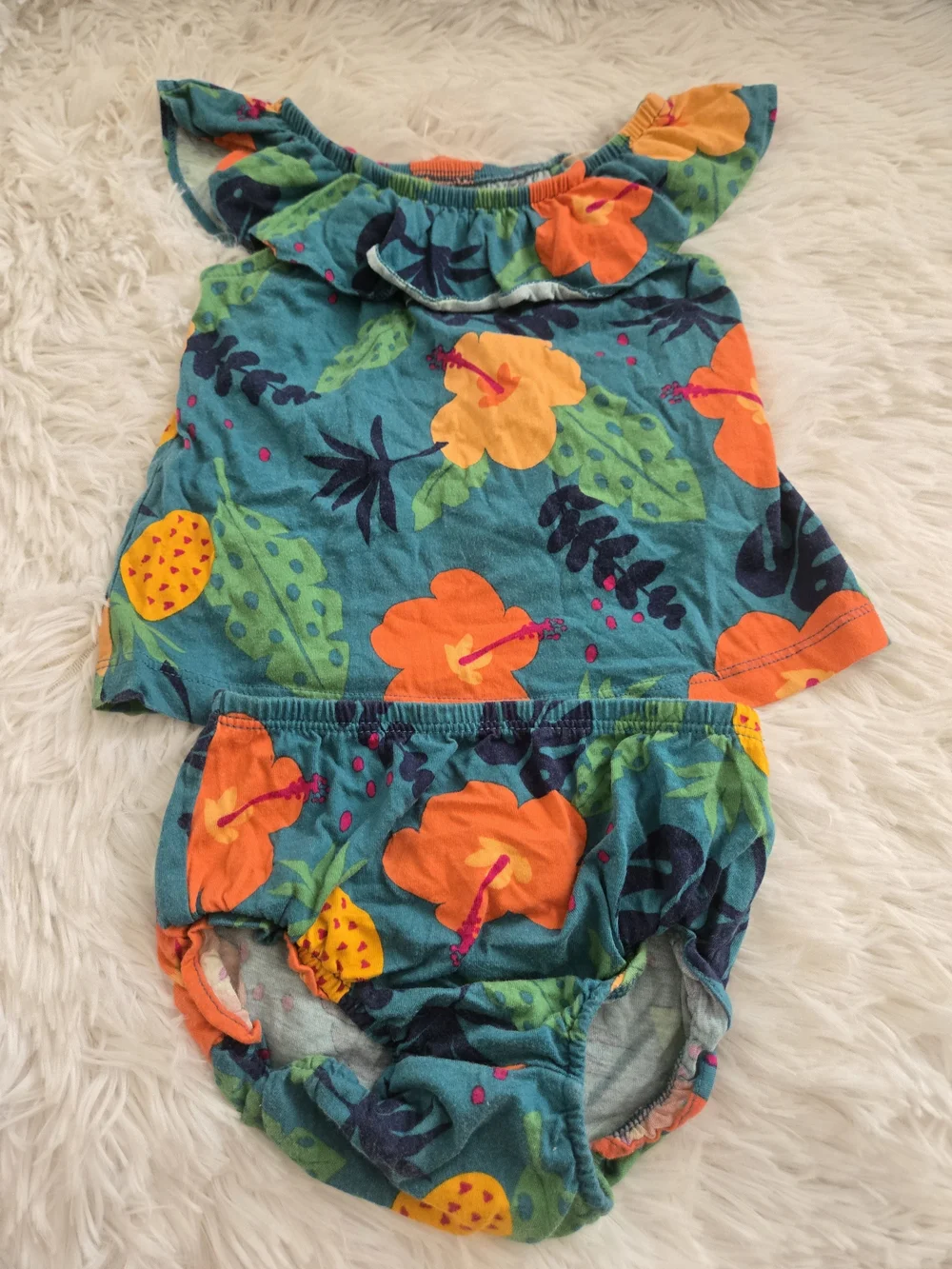 Carter's Teal Floral Ruffle Diaper Cover Set with Orange Flowers